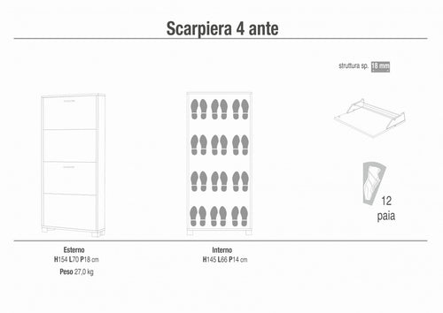 Dettaglio delle ante a ribalta e delle maniglie metalliche della scarpiera Cosma