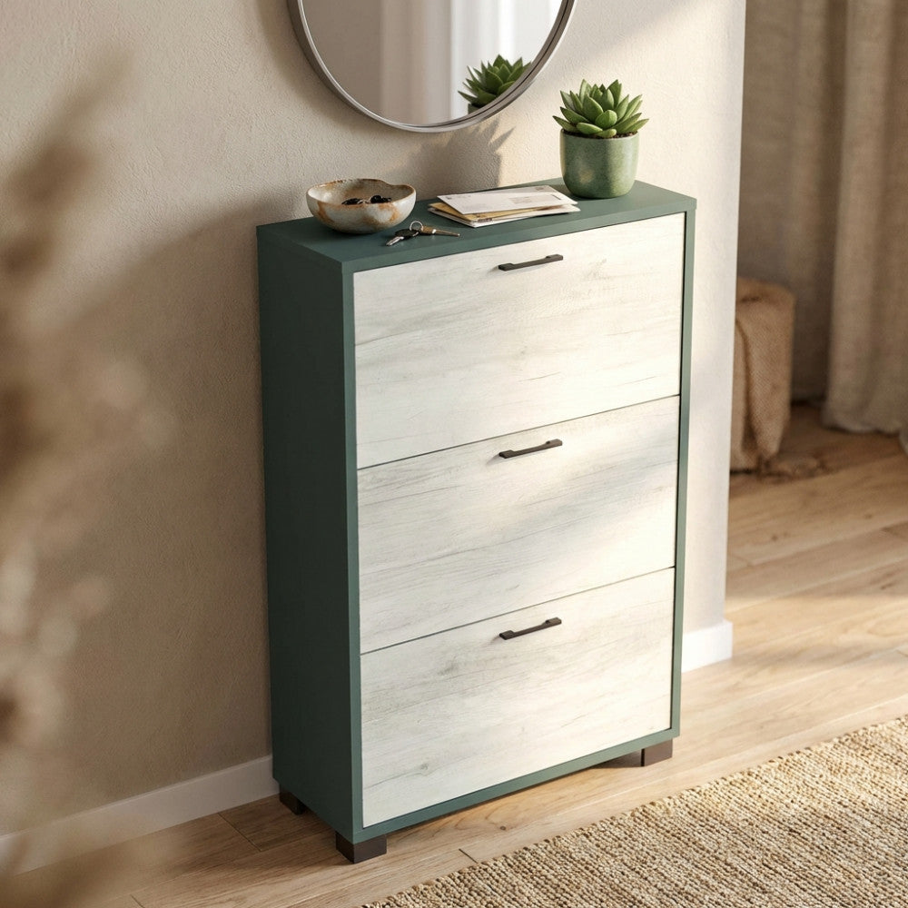 Dettaglio della scarpiera grigio scuro e bianco quercia con decorazioni minimaliste.