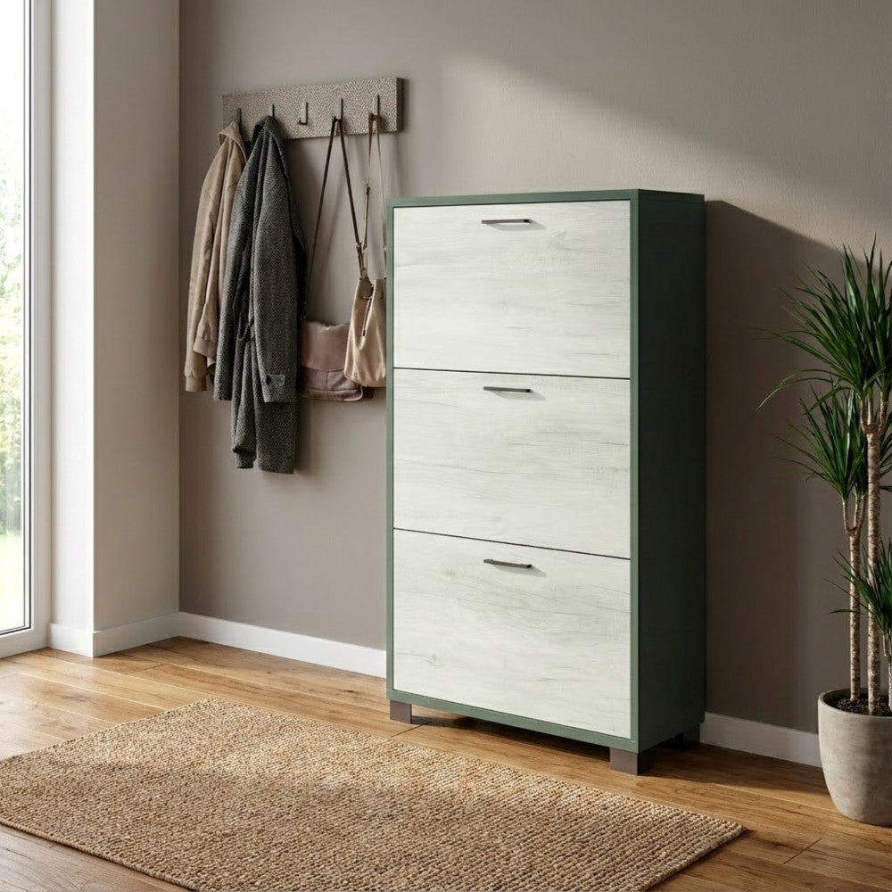 Scarpiera di design italiano inserita in un corridoio moderno con appendiabiti e pianta decorativa.
