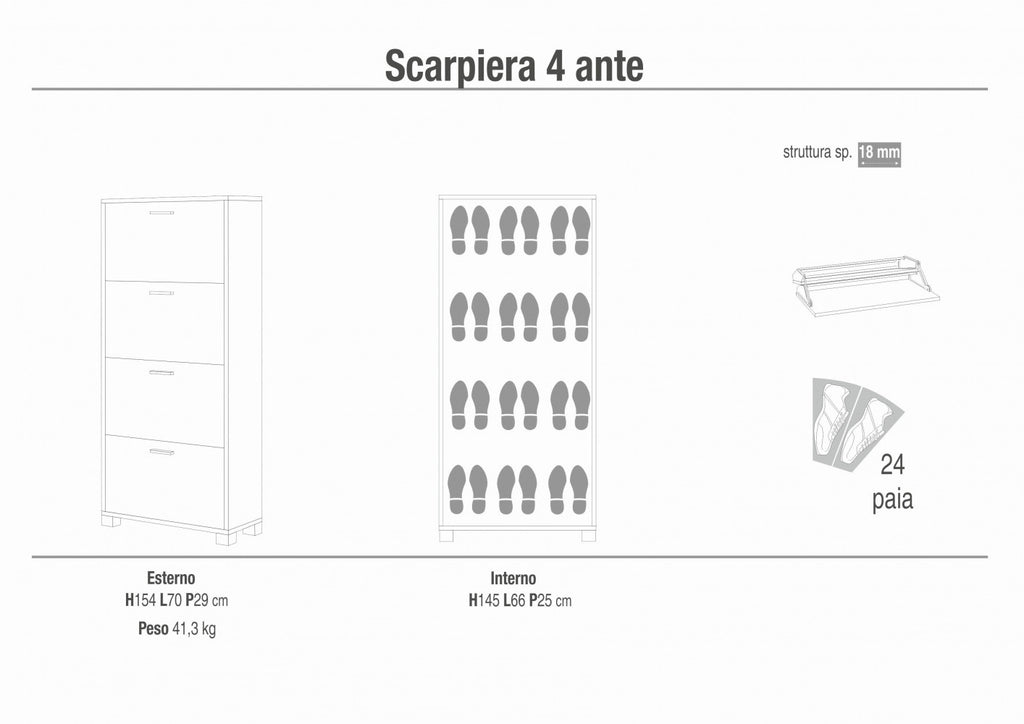 Scheda tecnica della scarpiera a 4 ante con dimensioni esterne 154x70x29 cm e capacità di 24 paia.
