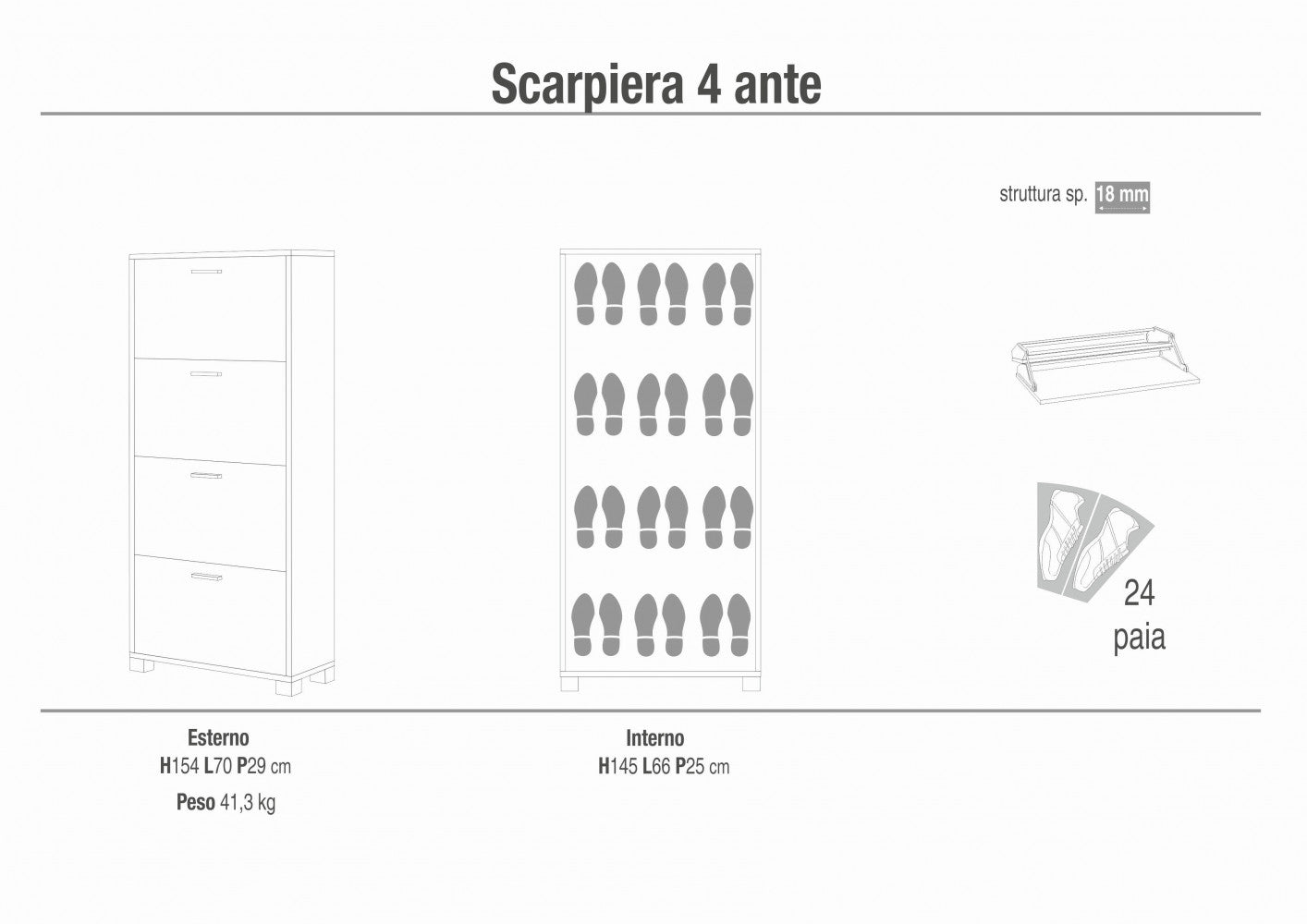 Scheda tecnica della scarpiera a 4 ante con dimensioni esterne 154x70x29 cm e capacità di 24 paia.