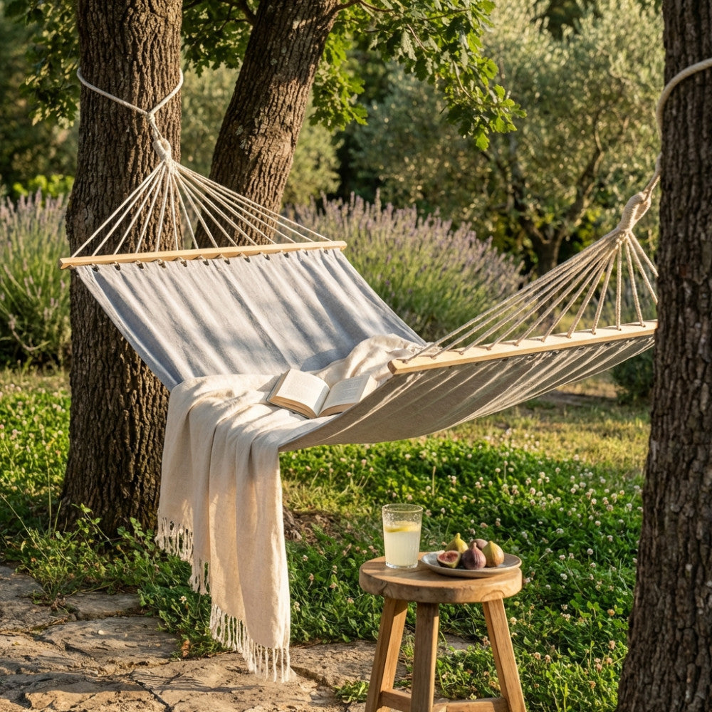 Amaca Cosma in cotone grigio chiaro sospesa tra due alberi