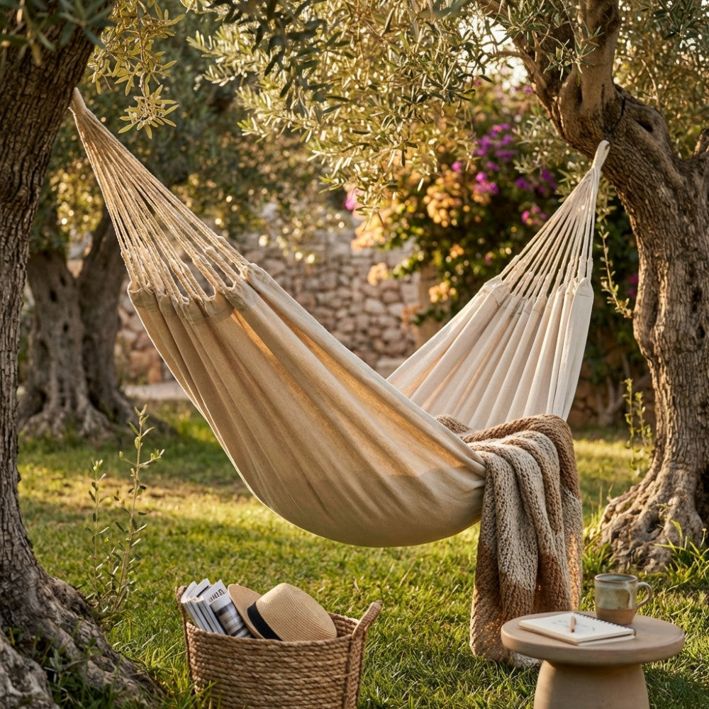 Dettaglio dell'amaca in tessuto beige appesa in un rigoglioso giardino, con un cesto in vimini contenente libri e un tavolino rotondo con tazza in ceramica.