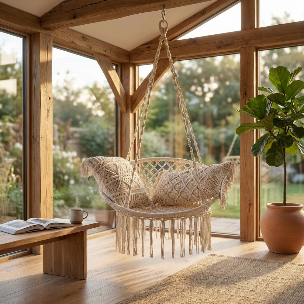 Dettaglio laterale dell'amaca Smara illuminata dalla luce naturale, che evidenzia la robusta struttura e l'intreccio boho.