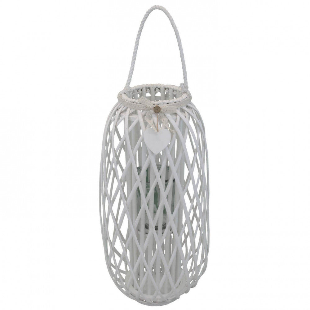 lanterna caroline bianca intreccio vimini vetro alta 86 cm pizzo cuore shabby chic con maniglia