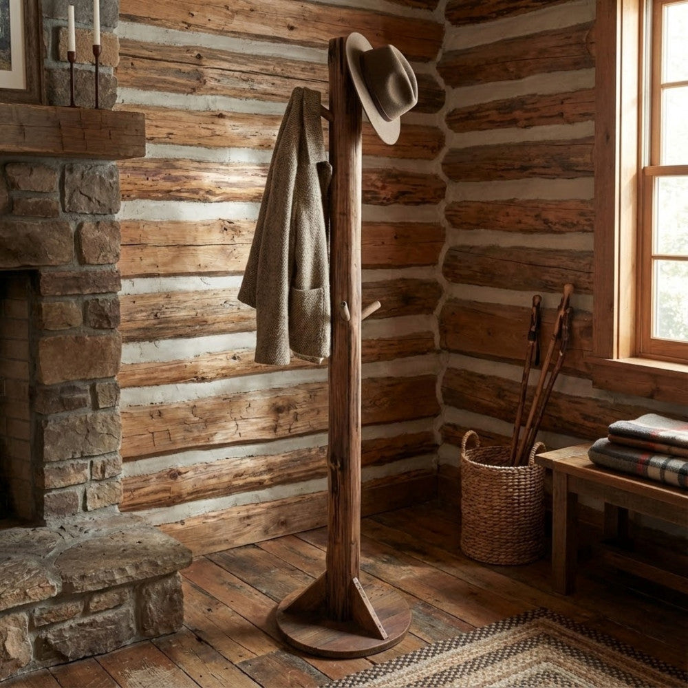 Appendiabiti Elroy in una baita di lusso con camino in pietra e pareti in tronchi di legno.