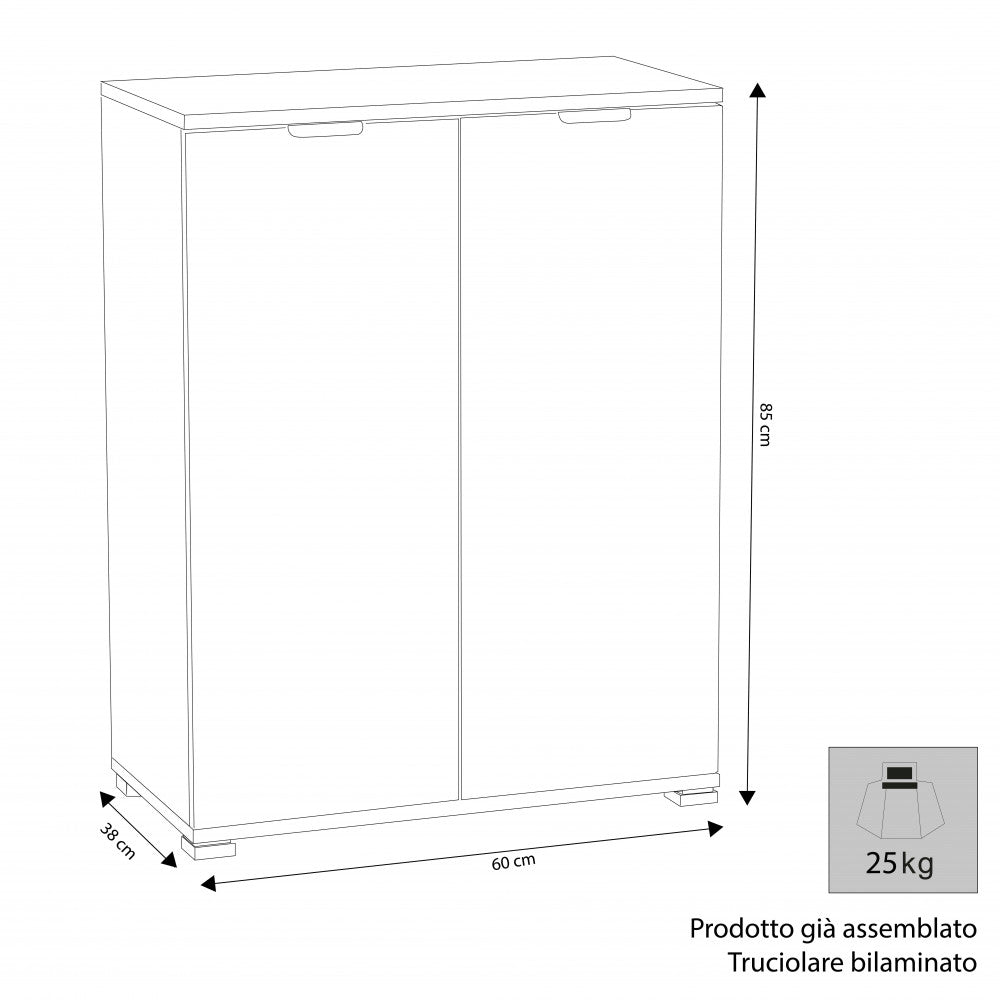 Disegno tecnico dell'armadietto con dimensioni di 60x38x85 cm e indicazione del peso di 25 kg.