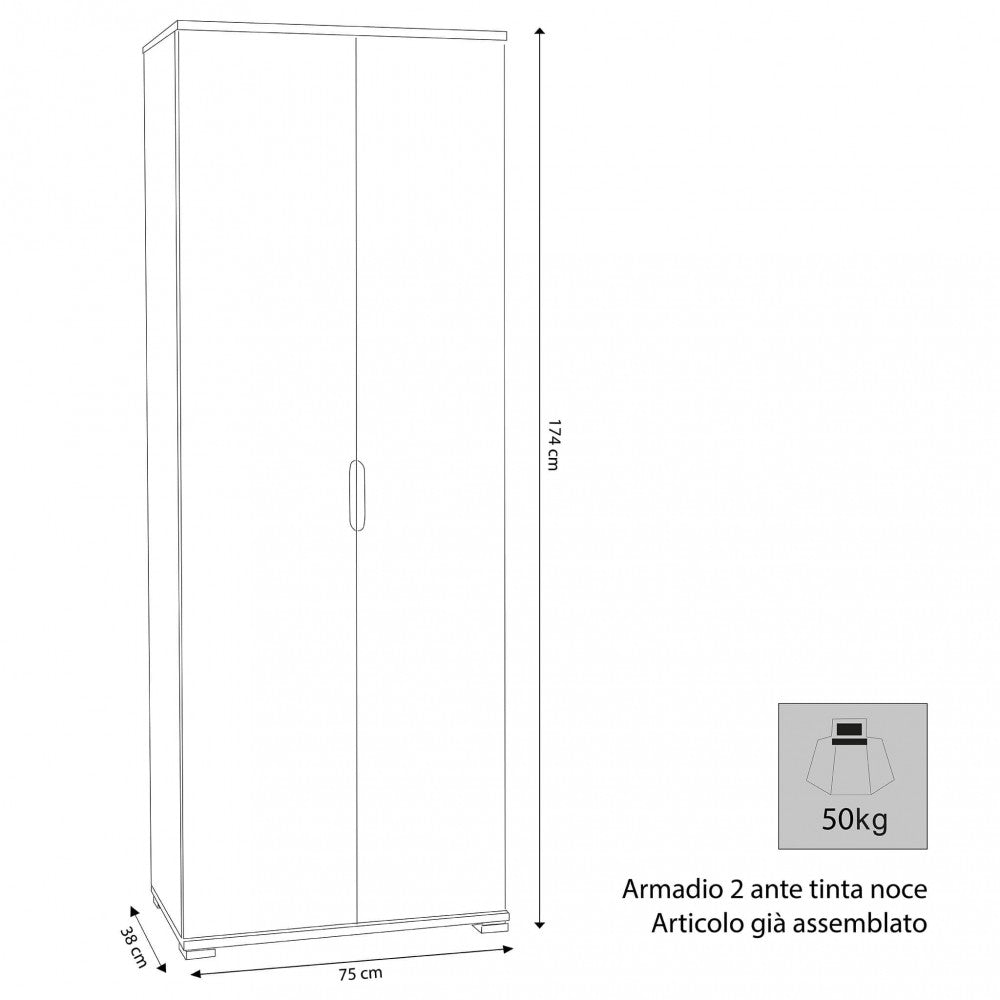 Disegno tecnico dell'armadio con dimensioni dettagliate di 75x38x174 cm.