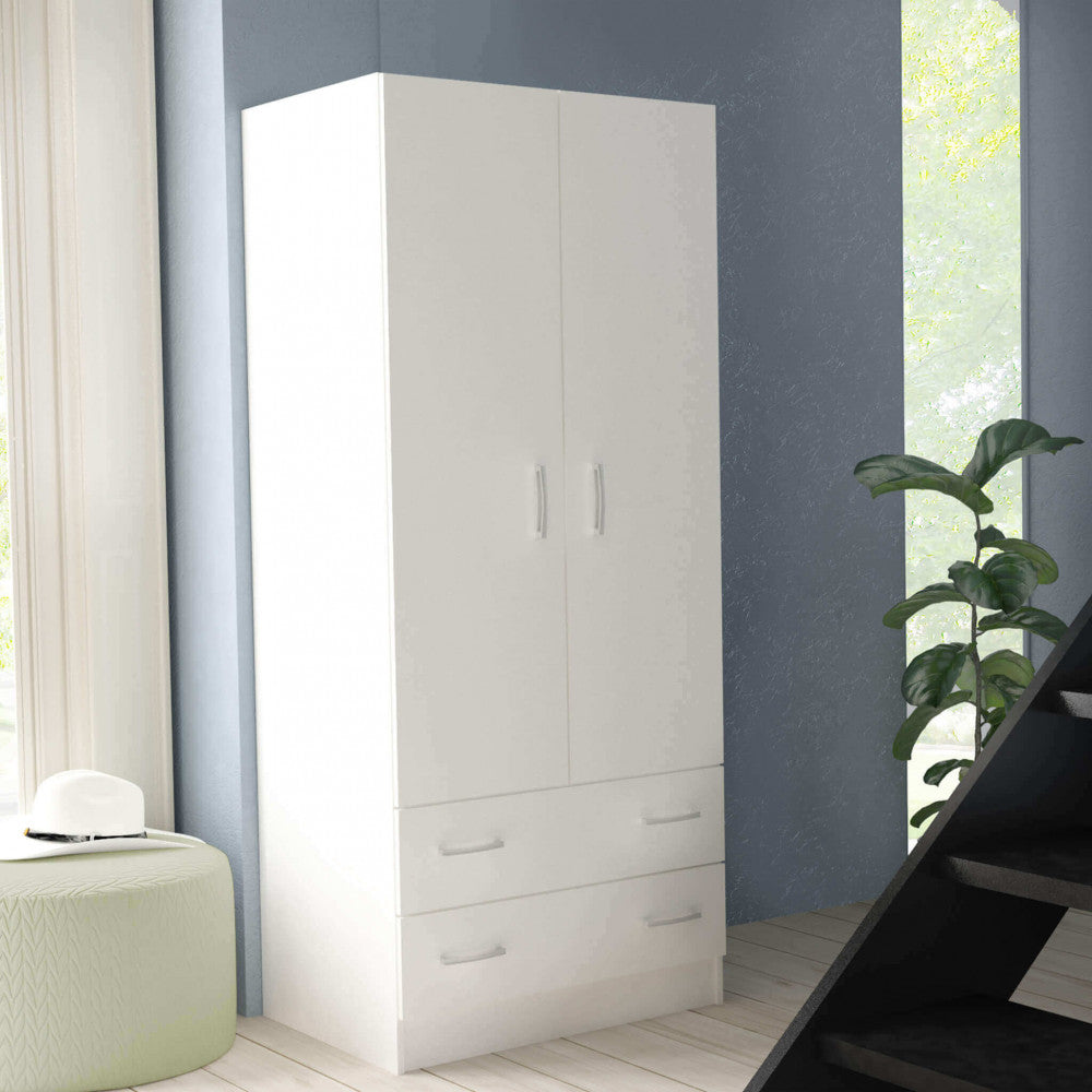Prospettiva angolata dell'armadio Pop bianco, che mostra la profondità dei cassetti e l'eleganza della finitura.