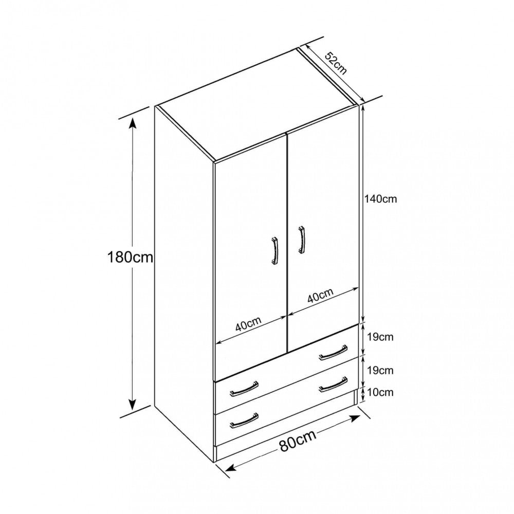 Disegno tecnico dell'armadio Pop con quote dettagliate: altezza 180cm, larghezza 80cm e profondità 52cm.