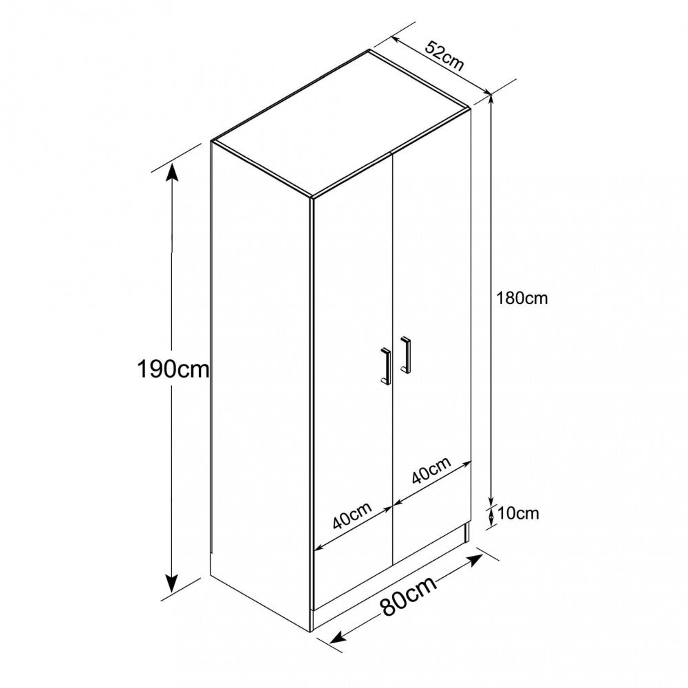 Disegno tecnico dell'armadio Leopold con quote dettagliate: altezza 190 cm, larghezza 80 cm e profondità 52 cm.