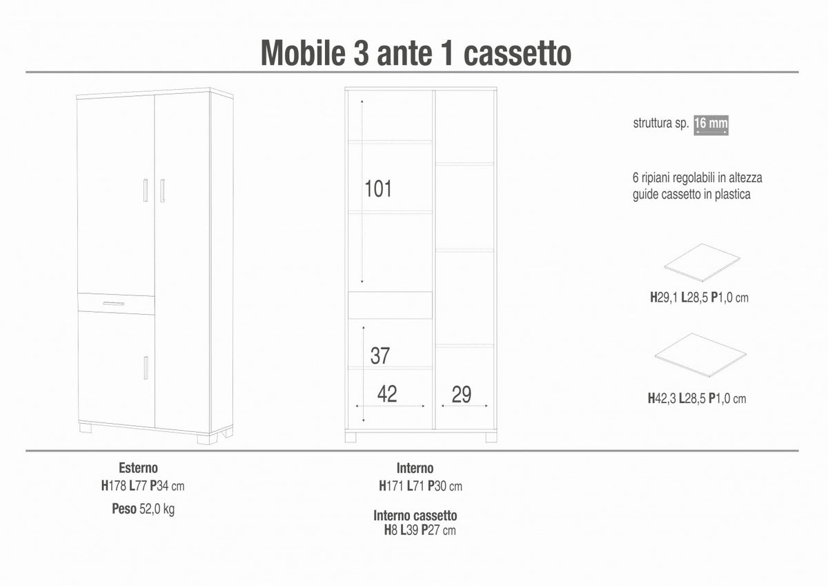 Armadio 3 Ante e 1 Cassetto in Kit Bianco Fiammato - MG808878 - foto 4