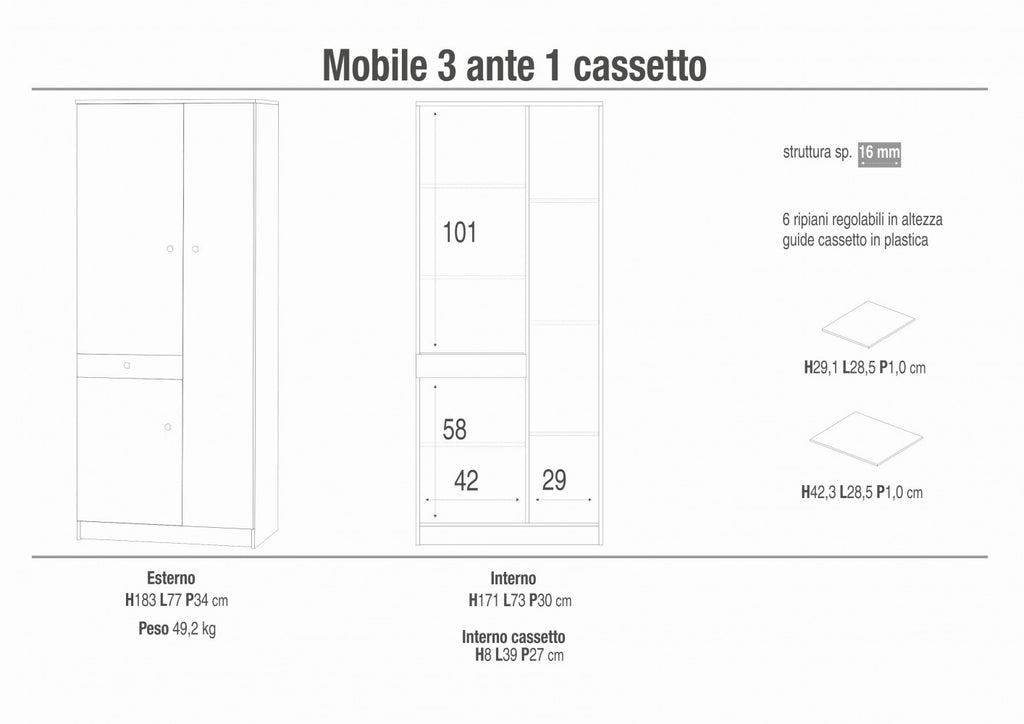 Armadio 3 Ante e 1 Cassetto in Kit Bianco Liscio - MG808868 - foto 4