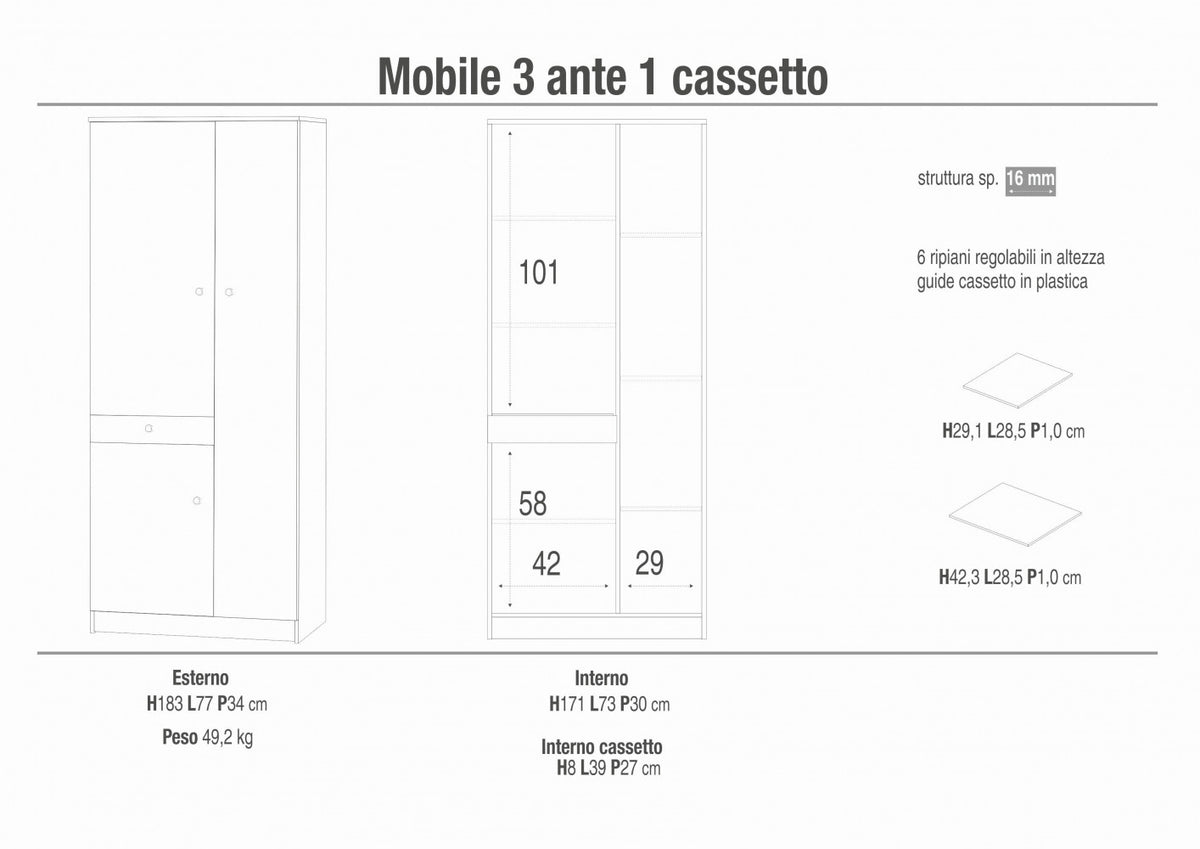 Armadio 3 Ante e 1 Cassetto in Kit Bianco Liscio - MG808868 - foto 4