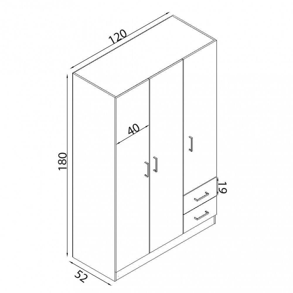 Disegno tecnico dell'armadio con quote dettagliate: 120 cm di larghezza, 180 cm di altezza e 52 cm di profondità.