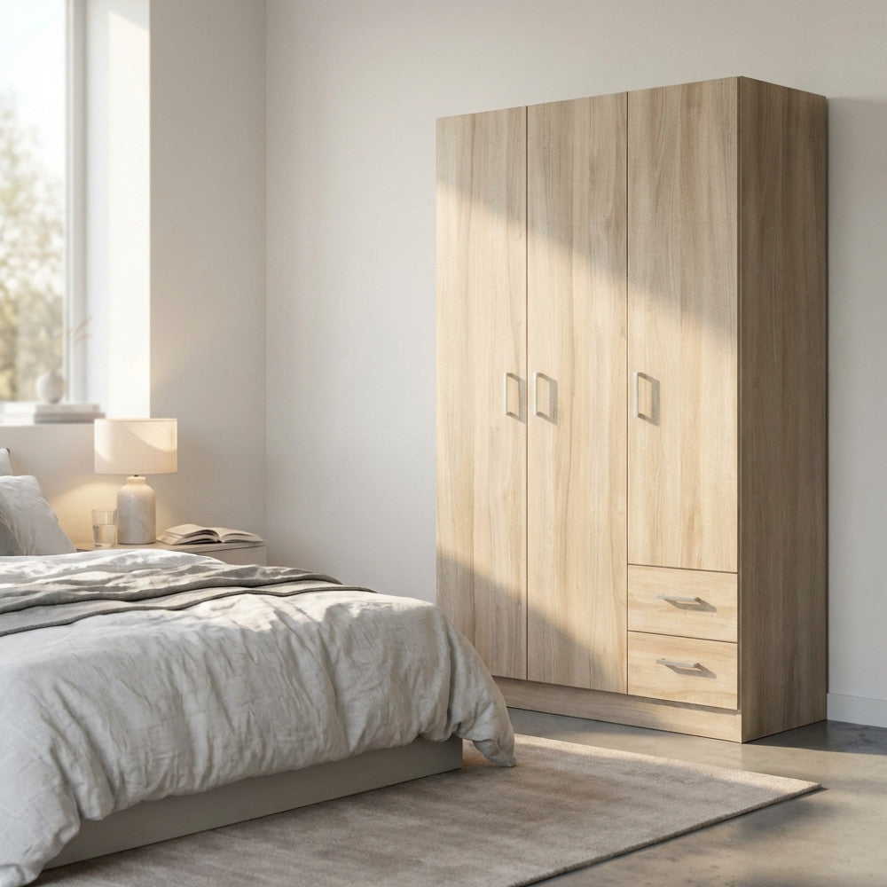 Vista angolare dell'armadio in truciolare bilaminato olmo, che mostra la profondità e l'integrazione con il letto.