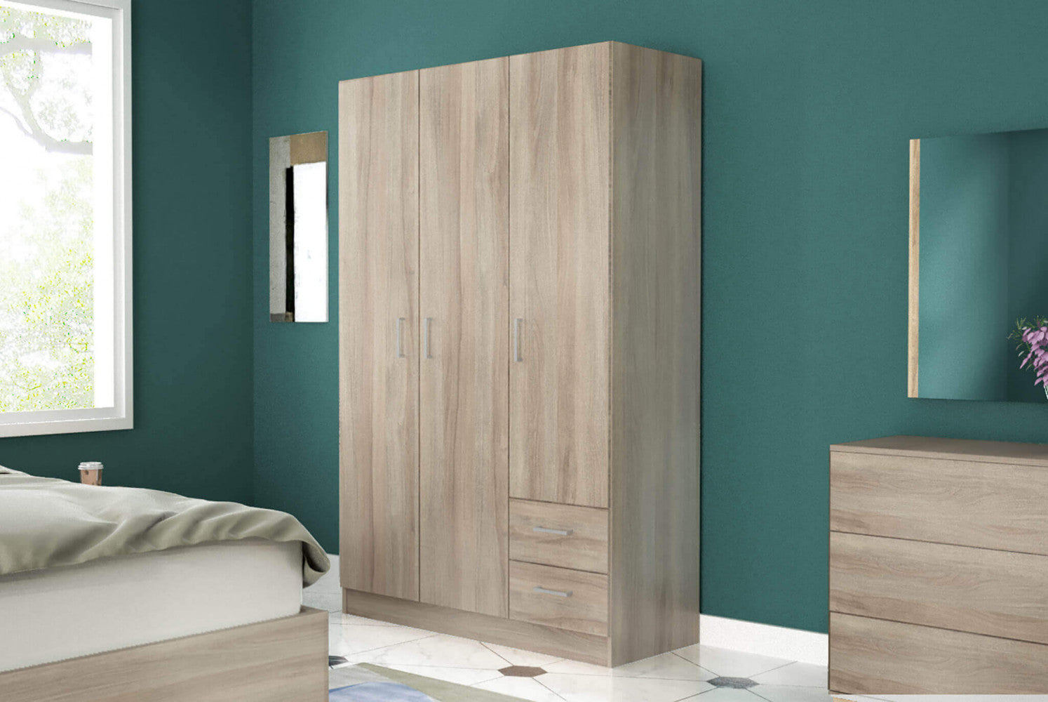Armadio in finitura olmo inserito in una camera da letto con pareti verde petrolio, affiancato da una cassettiera coordinata.