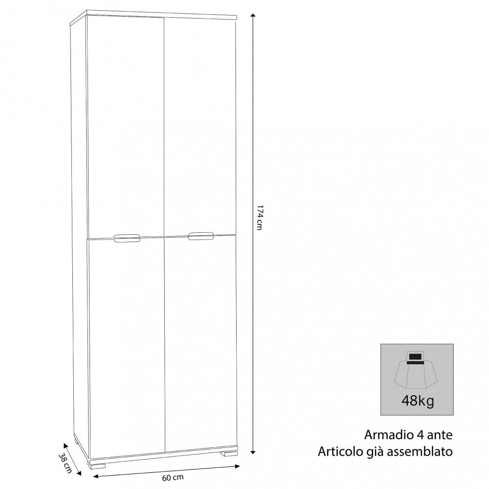 Disegno tecnico dell'armadio 4 ante Natura con dimensioni 60x38x174 cm e indicazione del peso di 48kg.