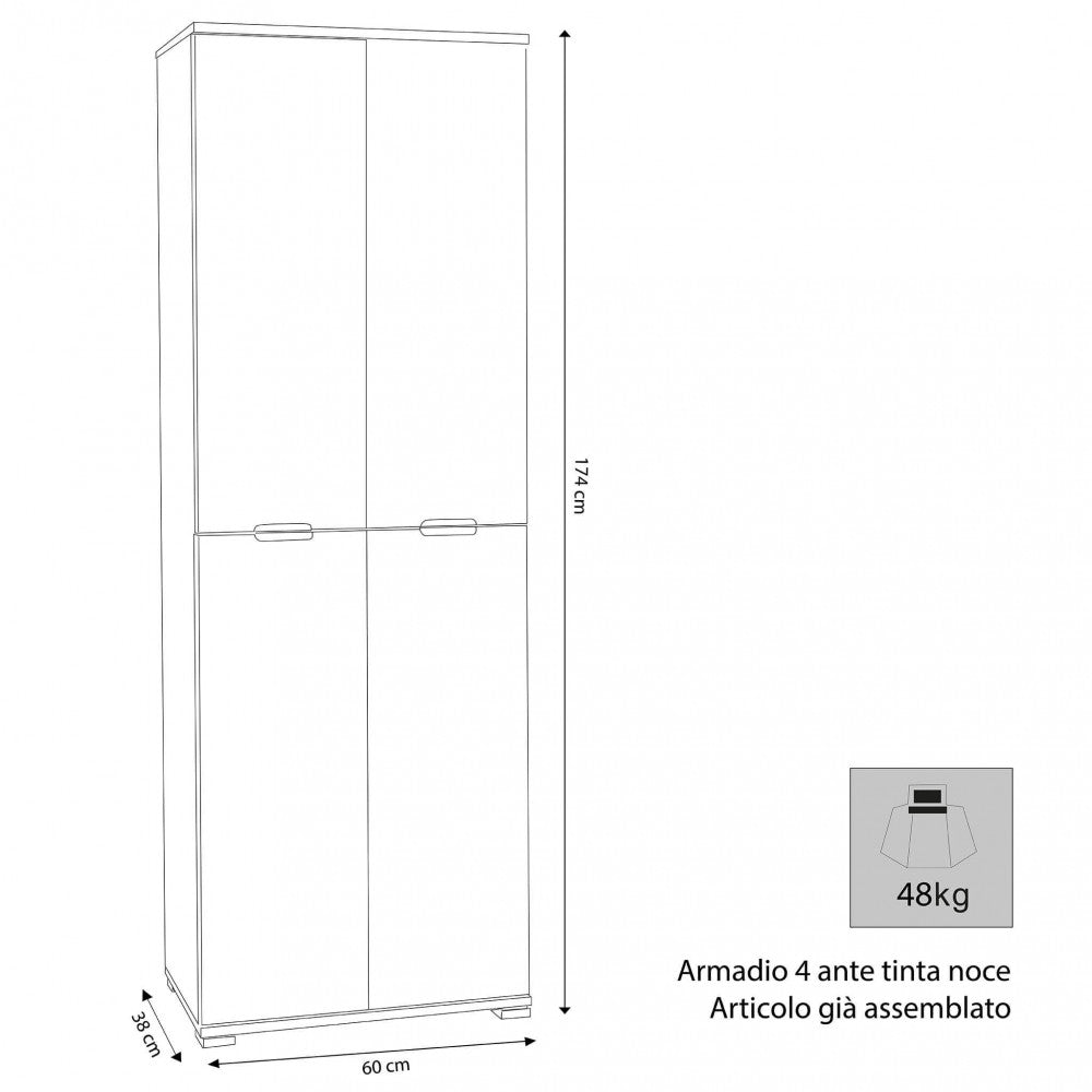Disegno tecnico dell'armadio con dimensioni di 60 centimetri di larghezza, 38 di profondità e 174 di altezza.