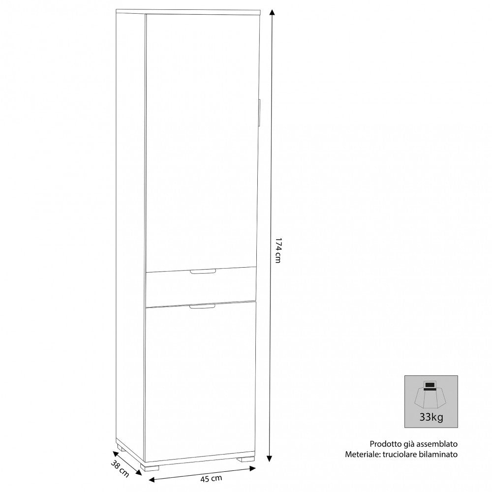 Disegno tecnico dell'armadio con dimensioni 45x38x174 cm, peso 33kg e indicazione di prodotto già assemblato.