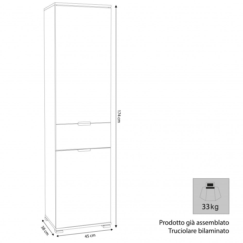 Disegno tecnico dell'armadio con dimensioni di 45 cm di larghezza, 38 cm di profondita e 174 cm di altezza.
