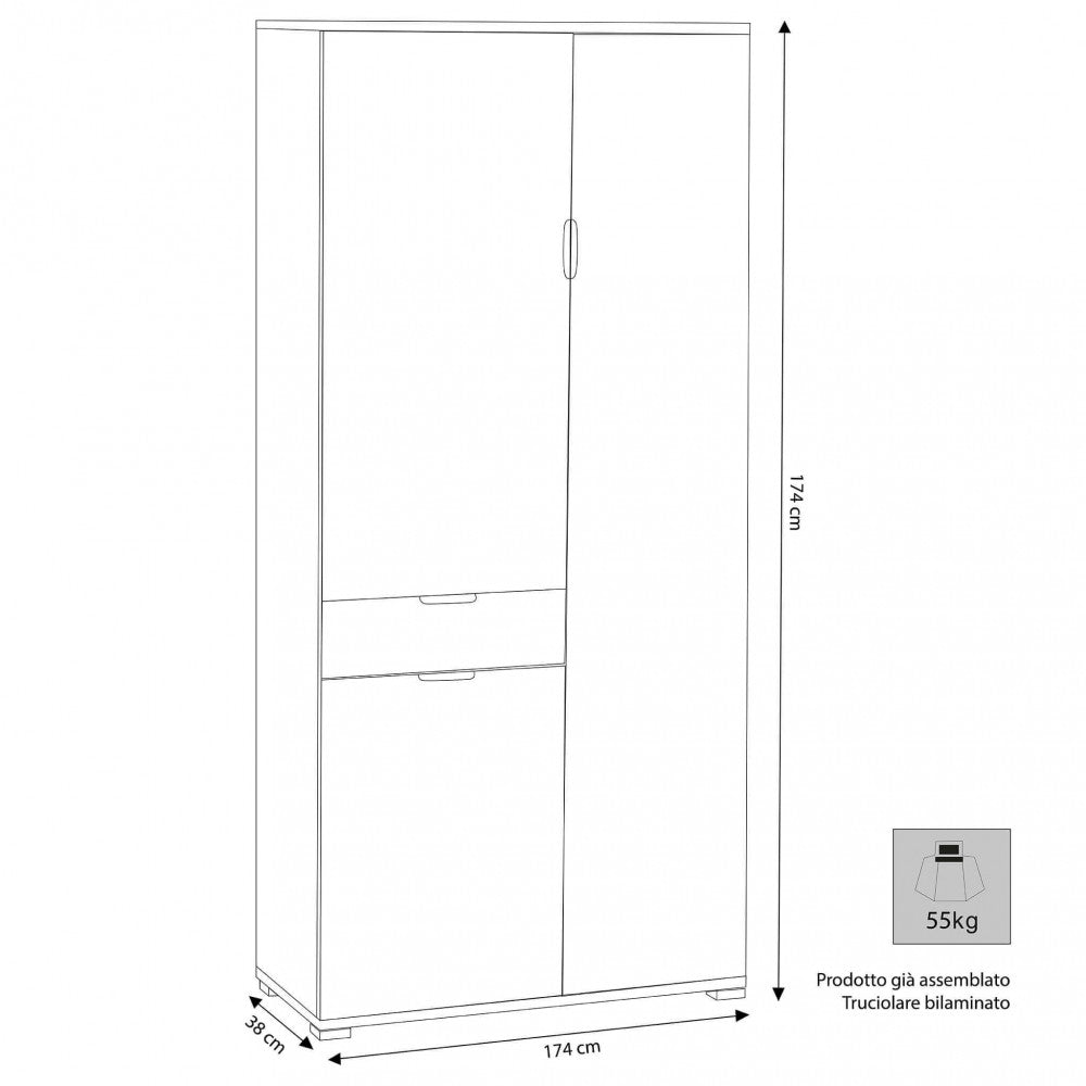 Disegno tecnico dell'armadio con dimensioni di 74 cm di larghezza, 38 cm di profondità e 174 cm di altezza.