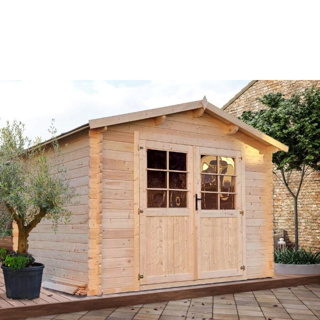 Casetta Diana da giardino 300x400 cm in Abete Grezzo 28 mm con doppia porta con serratura e tetto bitumato, ambientata in giardino