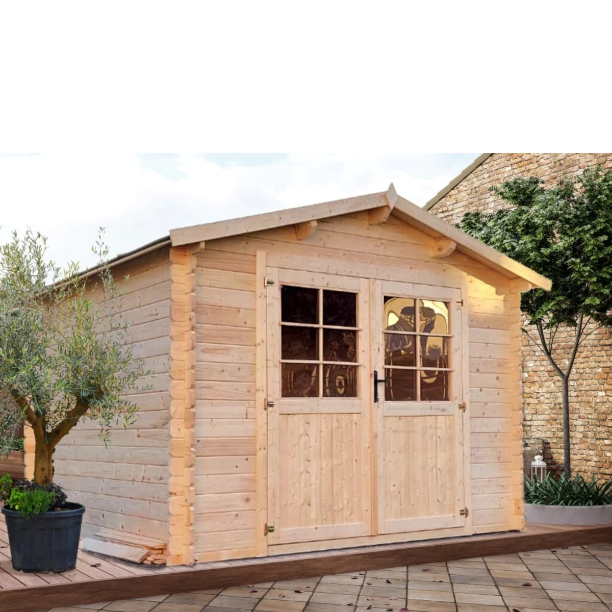 Casetta Diana da giardino 300x400 cm in Abete Grezzo 28 mm con doppia porta con serratura e tetto bitumato, ambientata in giardino