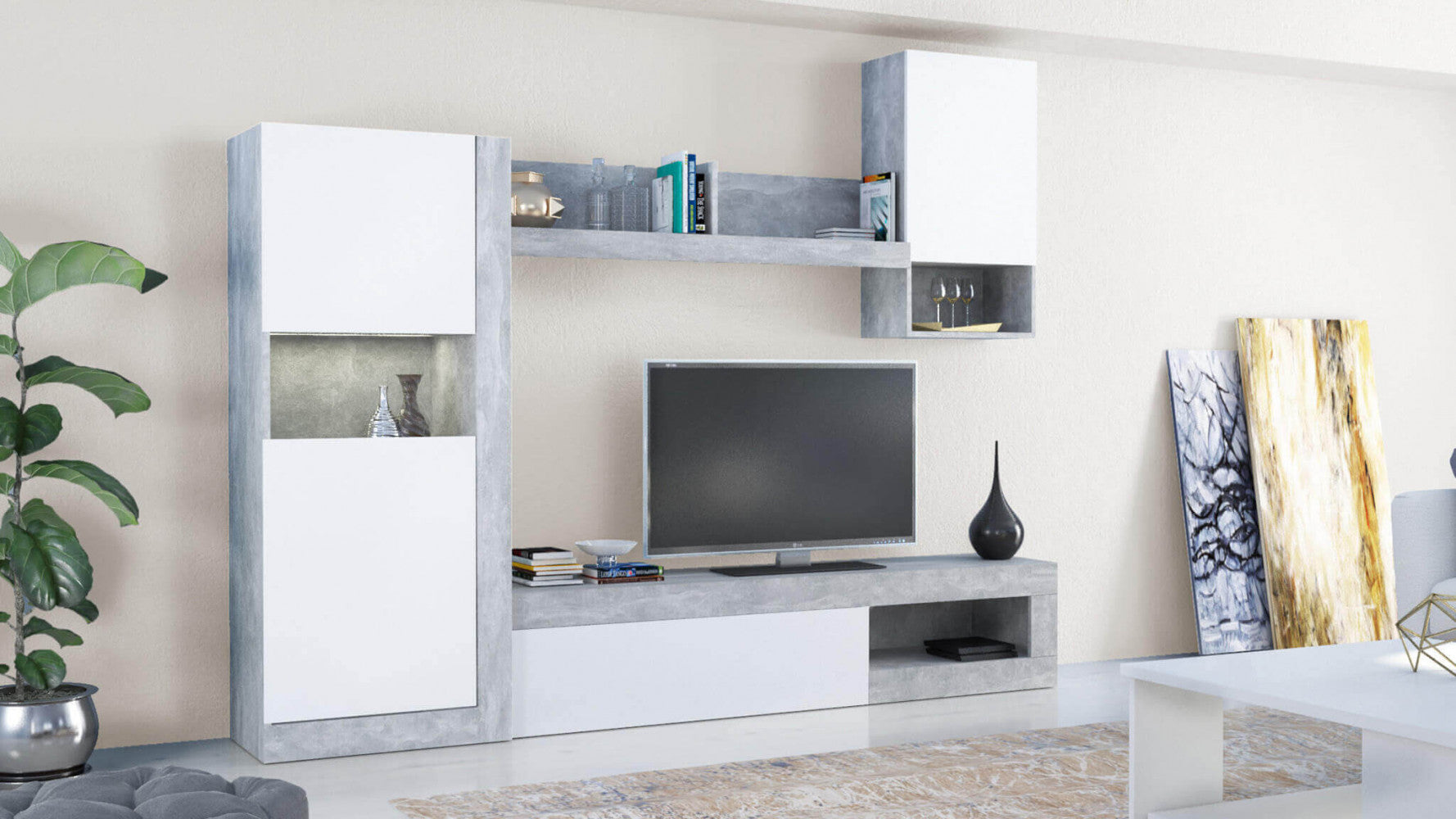 PARETE SOGGIORNO ROOMY BIANCO E GRIGIO EFFETTO CEMENTO