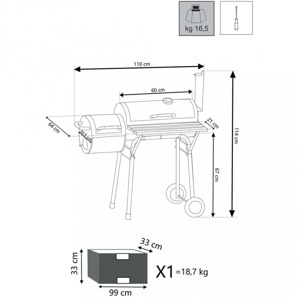 Disegno tecnico del barbecue Kentucky con quote dettagliate che indicano larghezza 110 cm, profondità 64 cm e altezza 114 cm.