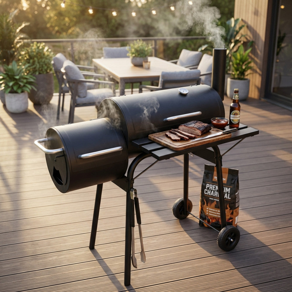 Barbecue a carbonella Kentucky in acciaio nero posizionato su un elegante deck in legno durante il tramonto, con fumo che esce dal camino.