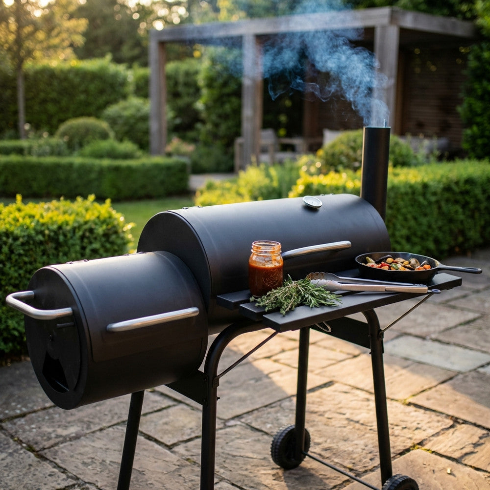 Barbecue Kentucky in acciaio nero in un rigoglioso giardino contemporaneo, con fumo dal camino e verdure grigliate in una padella in ghisa.