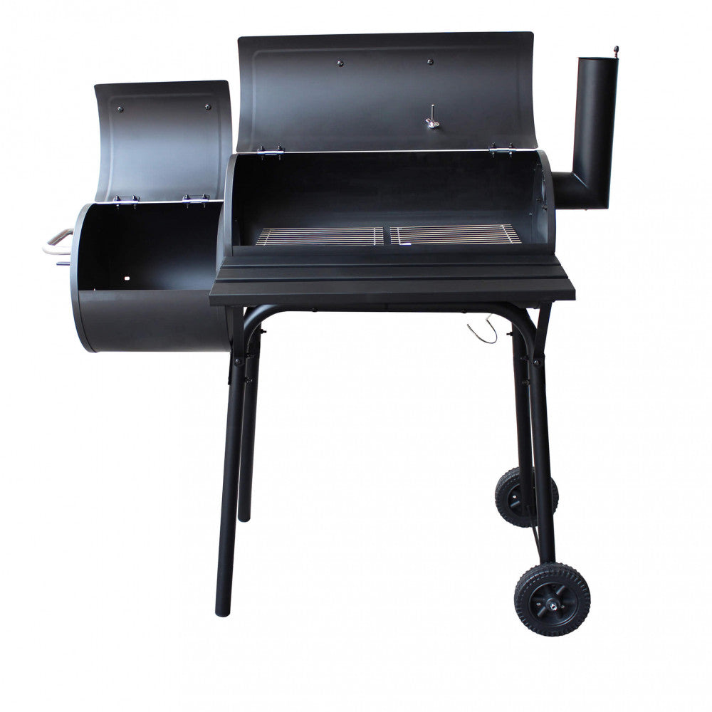 Barbecue Kentucky in acciaio nero con entrambi i coperchi aperti, rivelando le ampie griglie di cottura interne su sfondo bianco.