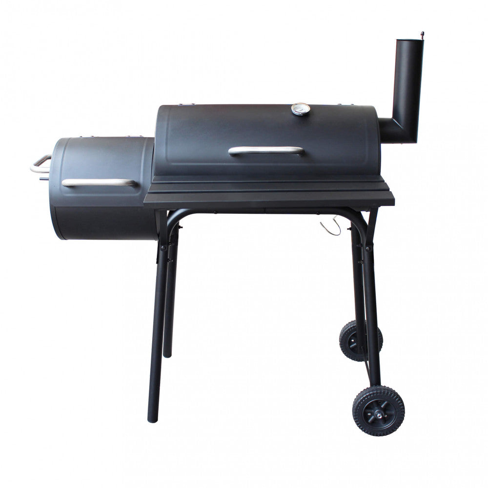 Profilo frontale del barbecue Kentucky in acciaio nero con coperchi chiusi, che mostra il design cilindrico e le ruote per il trasporto.