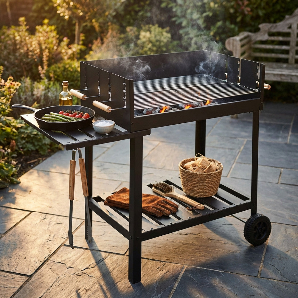 Barbecue a carbonella acceso in un patio esterno, con padella in ghisa contenente asparagi e pomodorini sul ripiano laterale pieghevole.