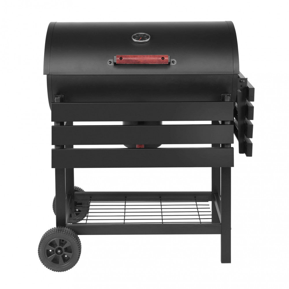 Vista posteriore del barbecue a carbonella in acciaio nero, che mostra le cerniere e la struttura del coperchio.