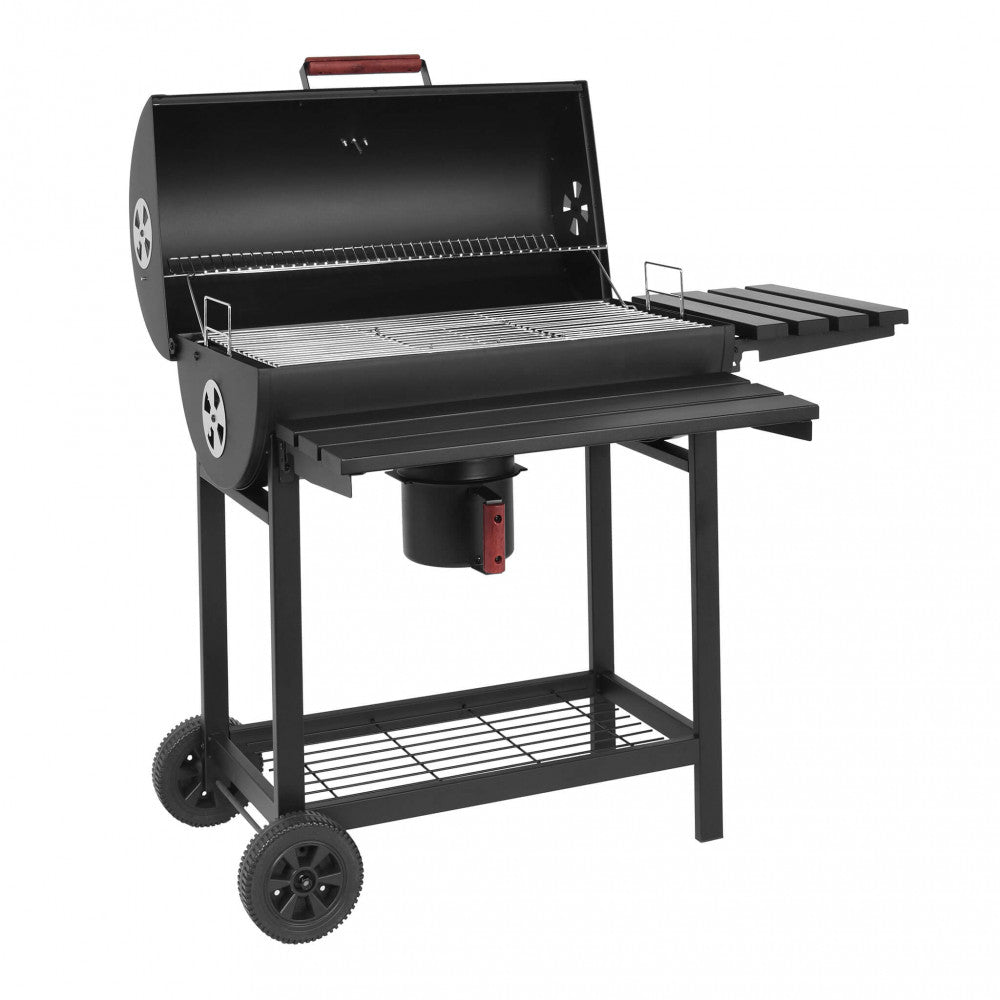 Barbecue a carbonella in acciaio nero con coperchio aperto, rivelando le griglie interne su sfondo bianco.