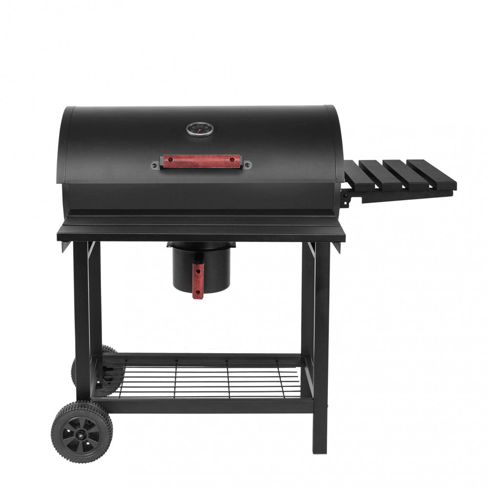 Vista frontale del barbecue a carbonella in acciaio nero con coperchio chiuso e termometro integrato.