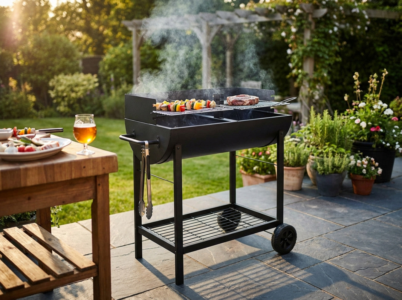 Barbecue a carbonella Wisconsin in acciaio nero acceso in un giardino lussuoso con cibo in cottura.