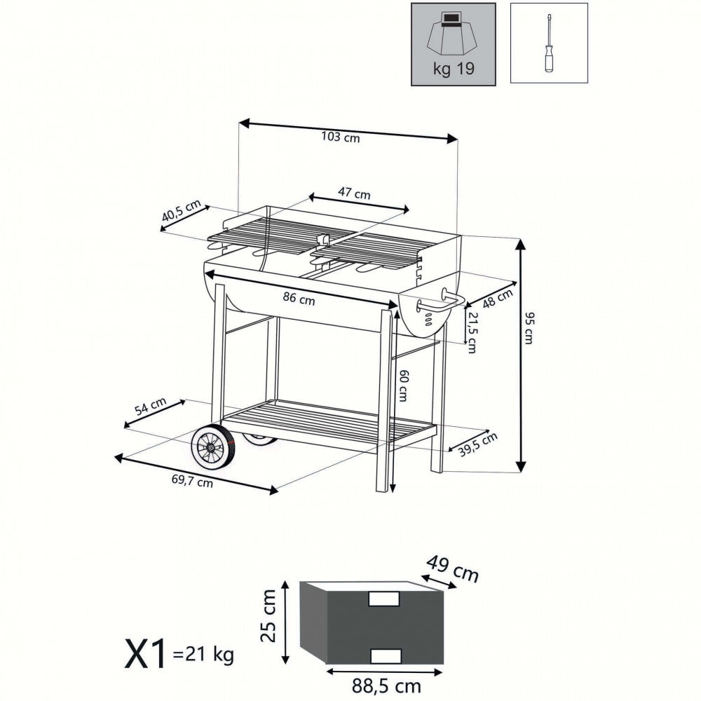 Disegno tecnico dettagliato del barbecue Wisconsin con misure strutturali e dimensioni dell'imballo.
