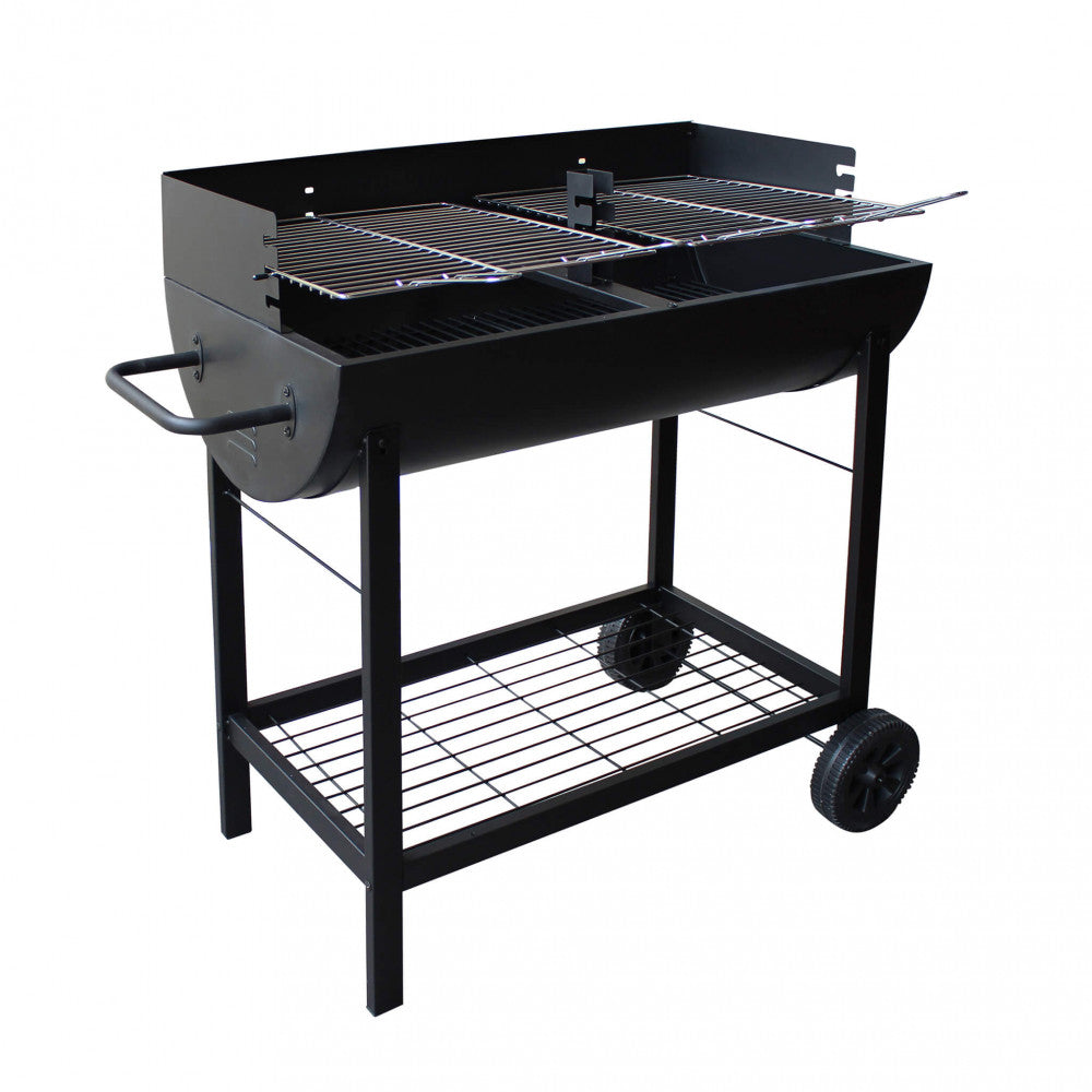 Struttura completa del barbecue a carbonella Wisconsin in acciaio nero su sfondo bianco.