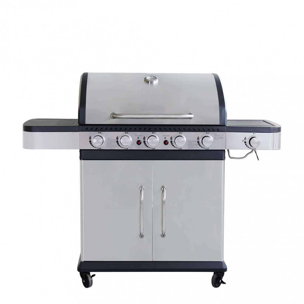 Barbecue a Gas Davis 5+1 Fuochi by Albert in acciaio inox, con fornello laterale e accensione automatica Vista Frontale