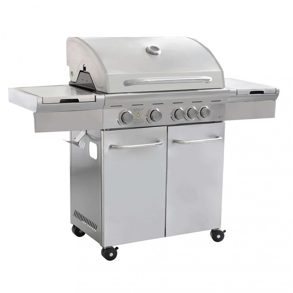 Barbecue a Gas Texas 5 Fuochi + 1 by Albert in acciaio inox grigio, con fornello laterale e coperchio chiuso