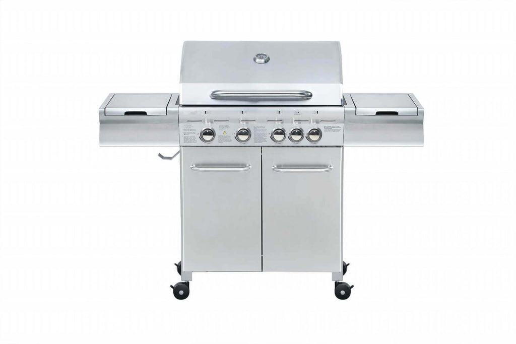 Barbecue a Gas Texas 5 Fuochi + 1 by Albert in acciaio inox grigio, con fornello laterale, Vista frontale
