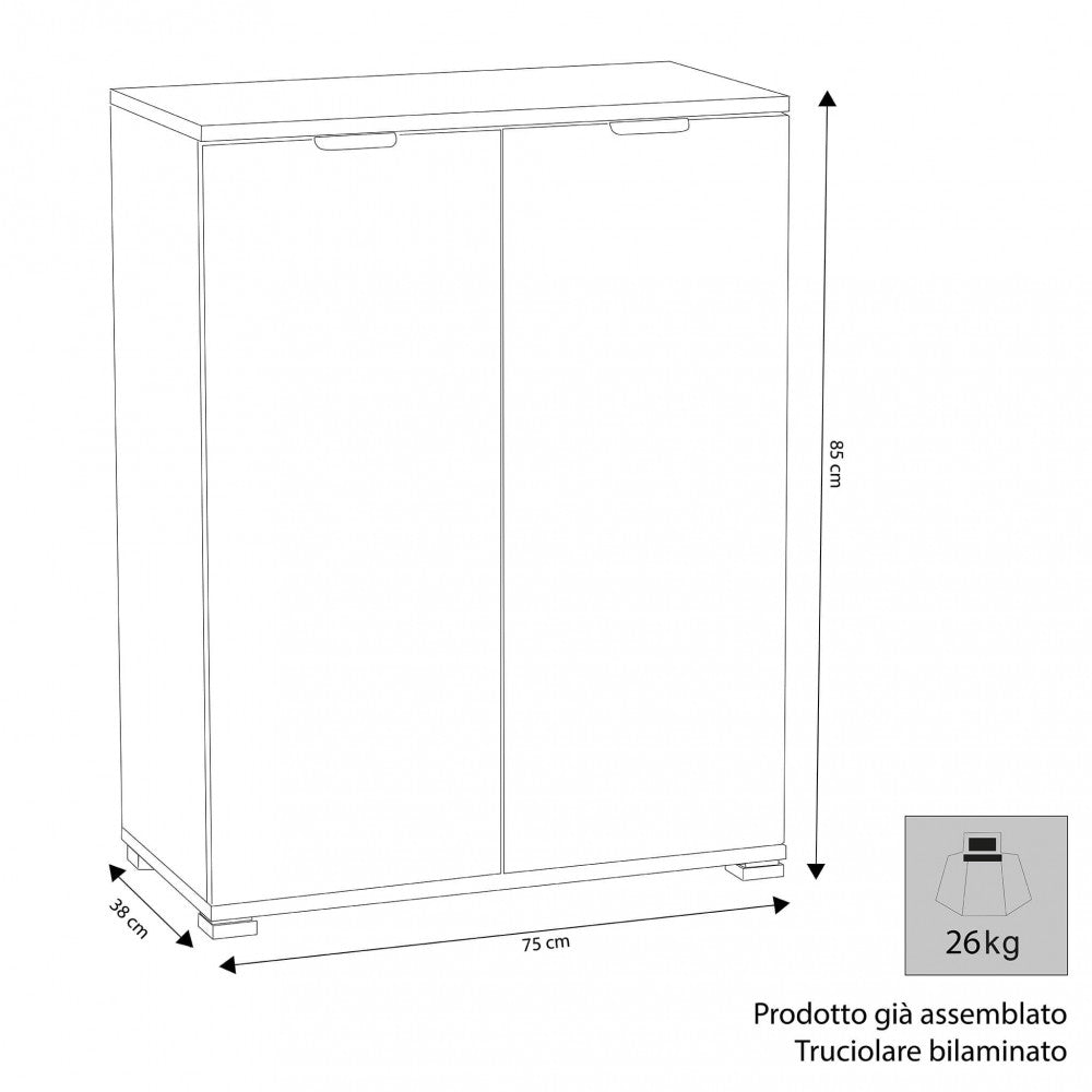 Disegno tecnico del mobile a due ante con quote dimensionali di 75x38x85 cm e indicazione del peso.