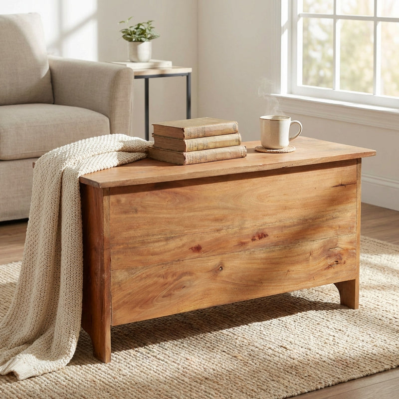 Baule Carlyle in legno massello marrone ambientato in un luminoso soggiorno, utilizzato come tavolino con libri e una tazza.
