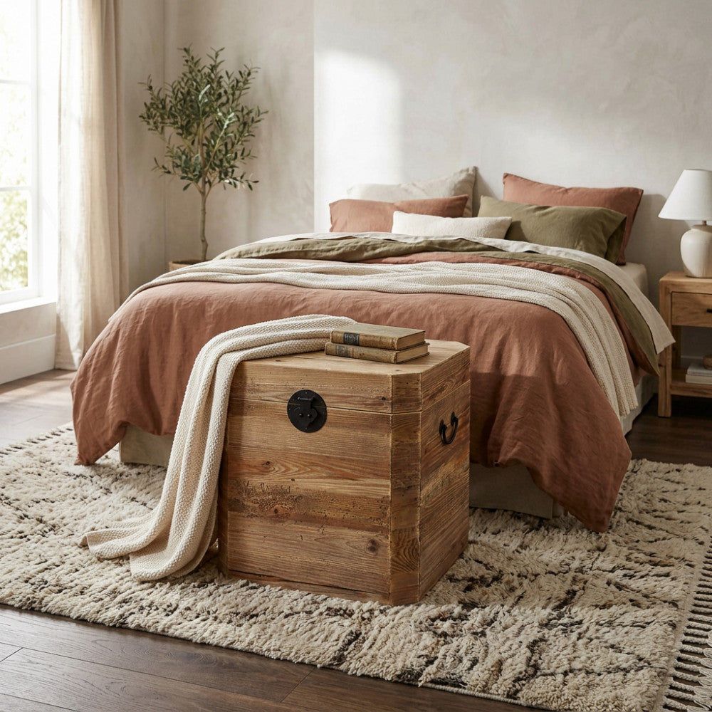 Cassapanca Irving in pino riciclato posizionata ai piedi di un letto matrimoniale con coperte in lino.