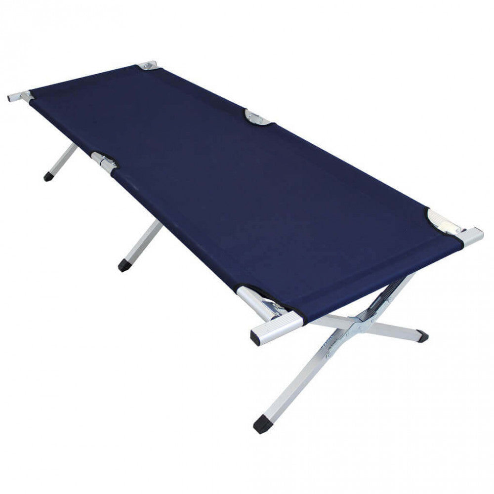 Vista frontale del lettino pieghevole Cosma Branda Emergency con tela tecnica blu