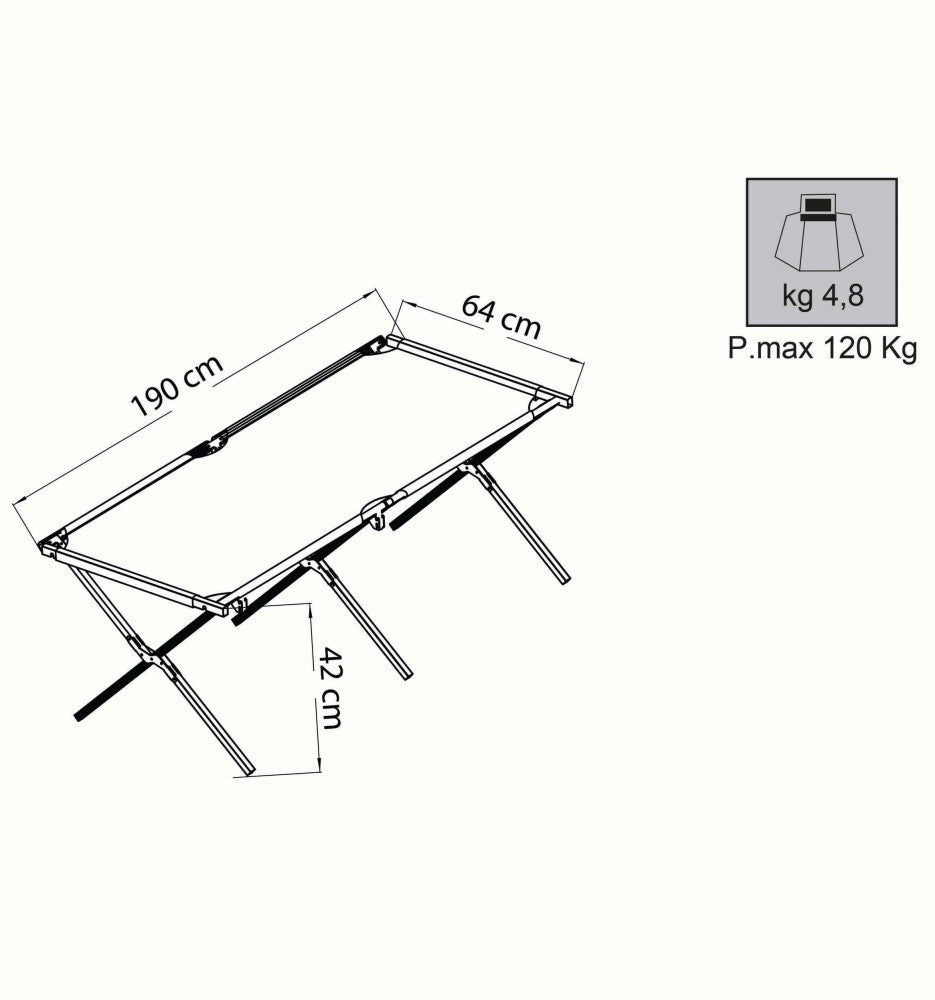 Disegno tecnico con dimensioni del lettino pieghevole Cosma Branda Emergency