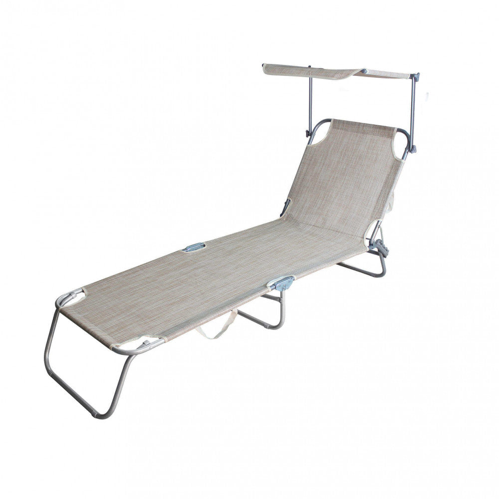 Brandina Rimini beige in acciaio e textilene con tettuccio parasole alzato, vista frontale.